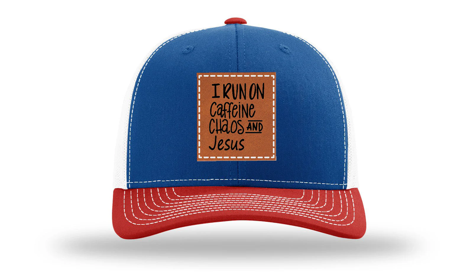 I Run on Caffeine Choas and Jesus Leather Patch Richardson 112 Hat - Image 42