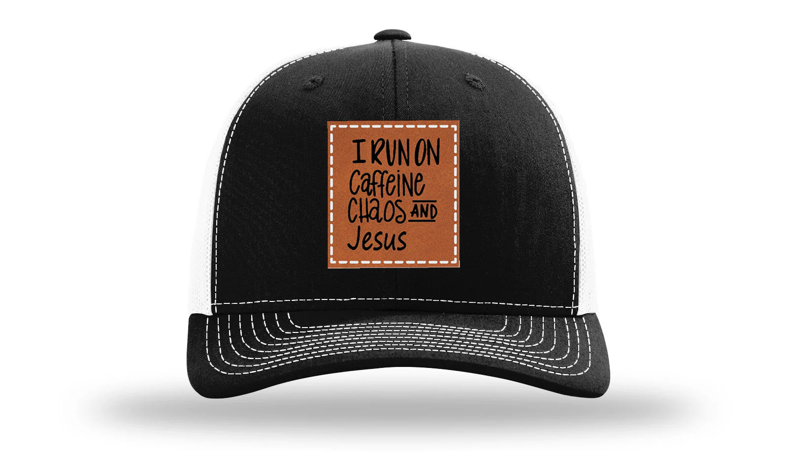 I Run on Caffeine Choas and Jesus Leather Patch Richardson 112 Hat - Image 7