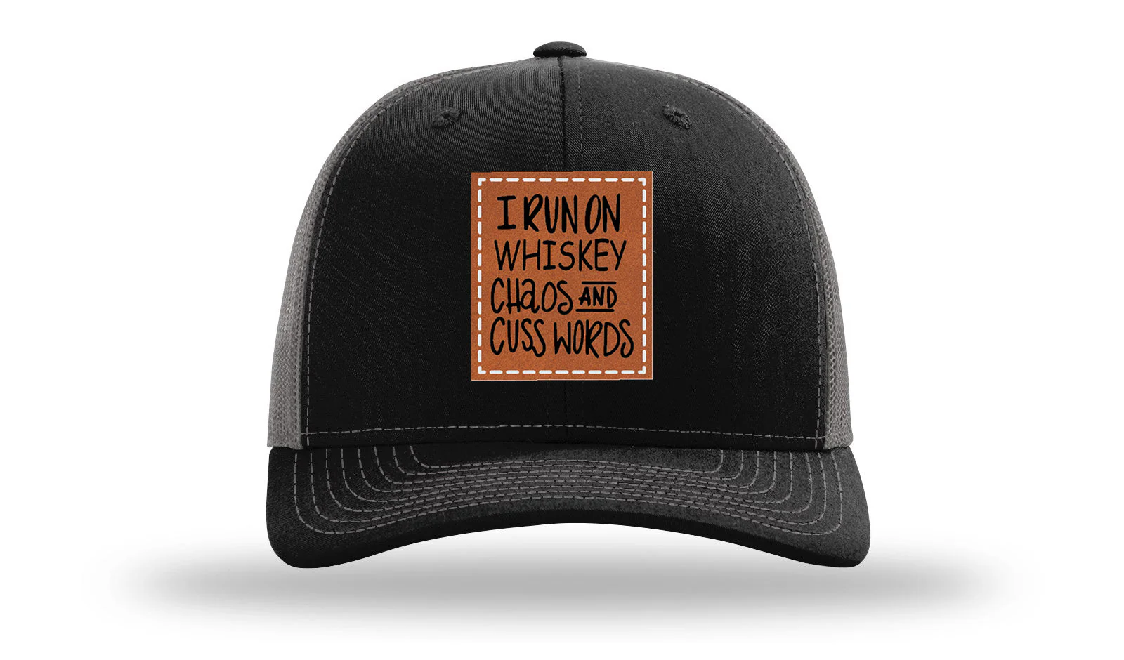 I Run On Whiskey Chaos and Cuss Words Leather Patch Richardson 112 Hat - Image 6