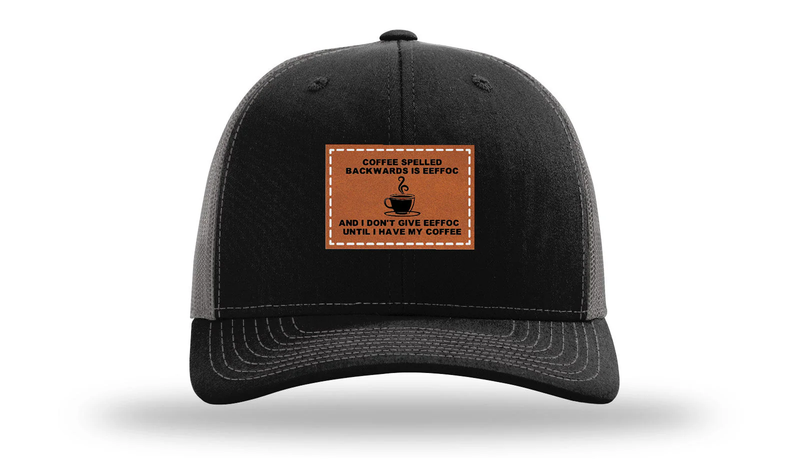 Coffee Spelled Backwards Leather Patch Richardson 112 Hat - Image 6