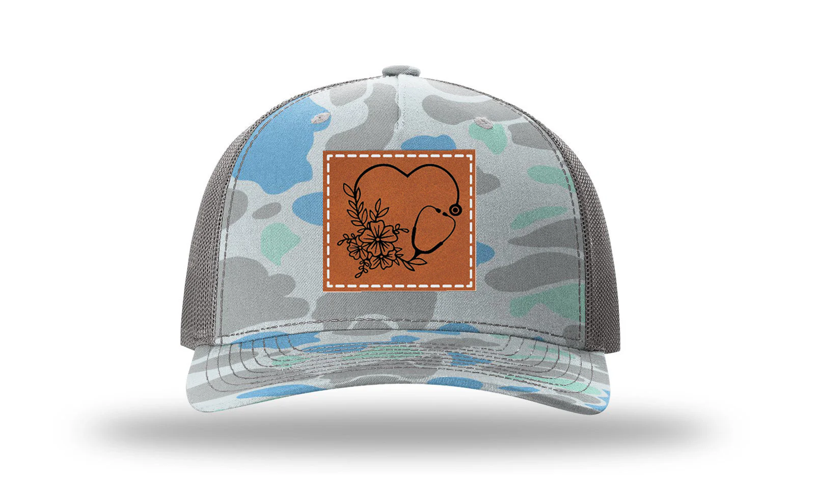 Heart Flowers Stethoscope Leather Patch Richardson 112PFP Hat - Image 16