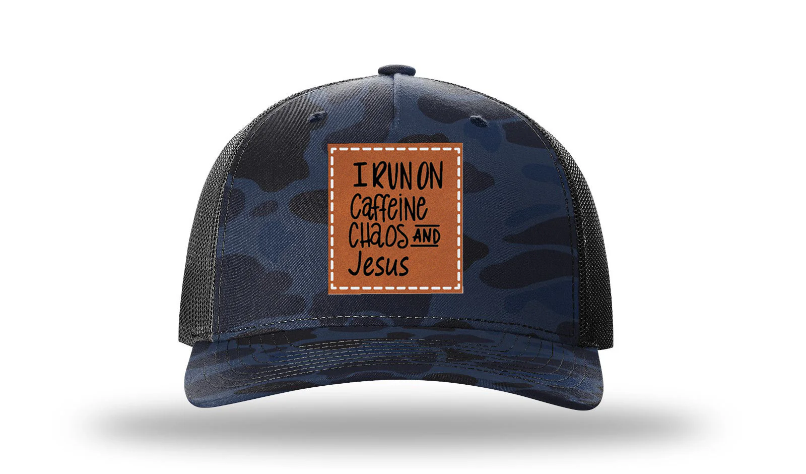I Run on Caffeine Choas and Jesus Leather Patch Richardson 112PFP Hat - Image 11